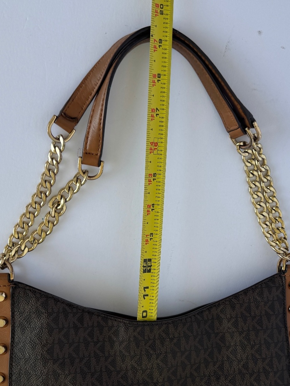 Michael Kors Newbury Brown Signature Studded Chain Shoulder Bag Gold Hardware - Picture 14 of 15